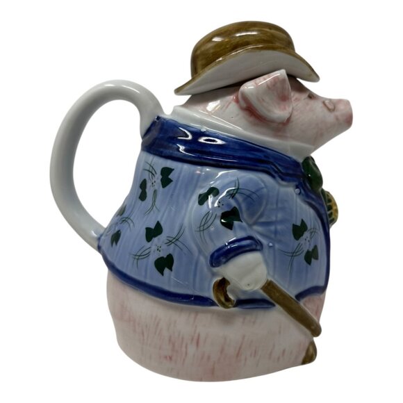 Handcrafted Gentlemen Pink Pig Teapot Blue Jacket Hat Tie Courting Kitschy Vtg - Picture 2 of 6